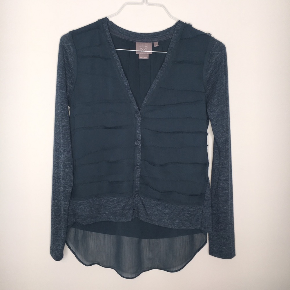 VANESSA VIRGINIA SMALL RUFFLE TEAL CARDIGAN TOP